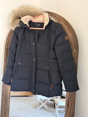 Lauren Ralph Lauren Dark Navy Quilted Puffer with Faux-Fur Hood Trim